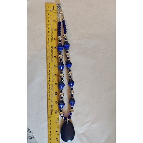Natural Blue Lapis Beaded Teardrop Stone Necklace 15 inch Silver Accents - Picture 9 of 10